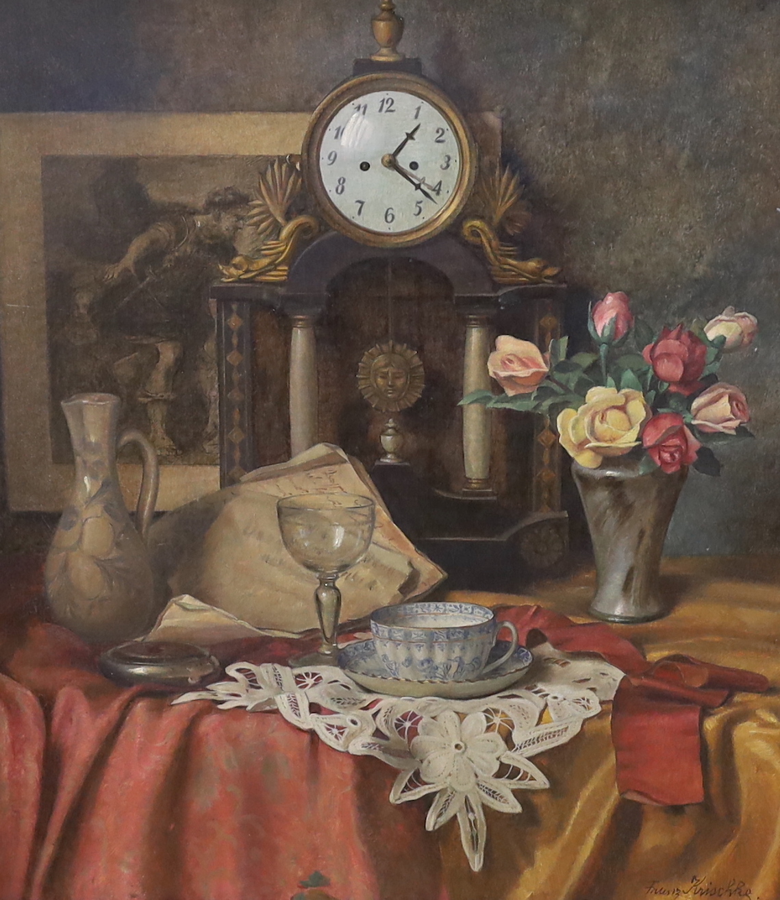 Franz Krischke (Austrian, 1885-1960), oil on board, Still life of flowers, vessels and mantel clock, signed, 54 x 49cm